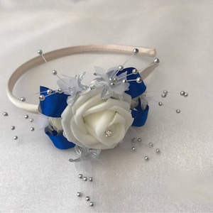 Artificial wedding bouquets flowers sets ivory royal blue side headband