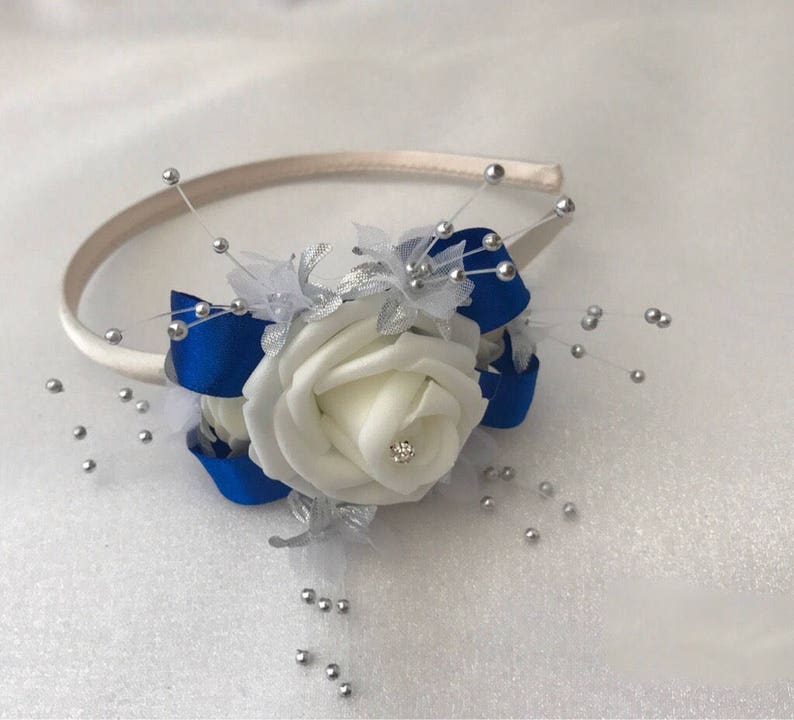 Artificial wedding bouquets flowers sets ivory royal blue side headband