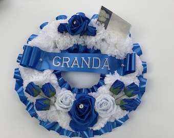 Artificial Flower round wreath Funeral Tribute Memorial grandad blue