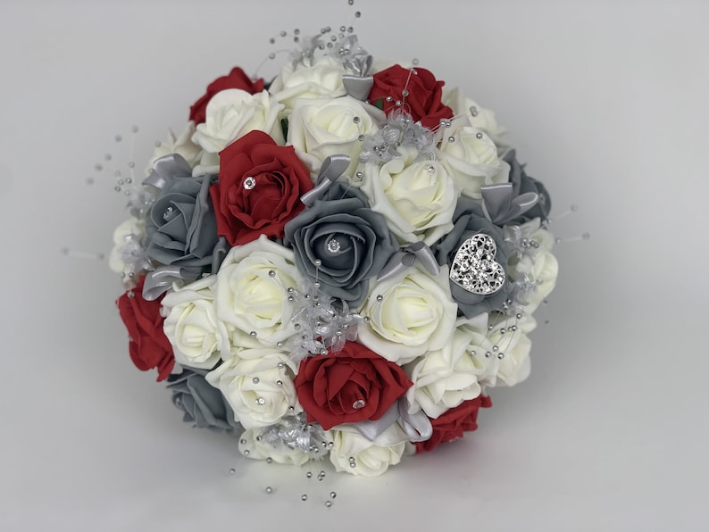 Artificial Wedding Bouquets Flowers Sets Ivory Red and Grey Etsy UK