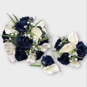 Artificial wedding bouquets flowers sets ivory navy with gypsophila