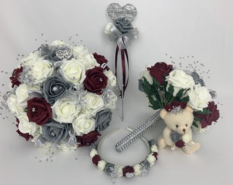 Artificial wedding bouquets flowers sets ivory burgundy and grey brides posys