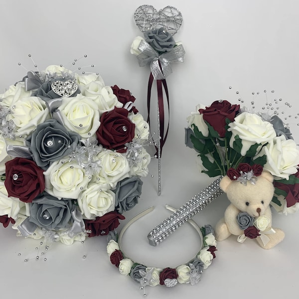Artificial wedding bouquets flowers sets ivory burgundy and grey brides posys