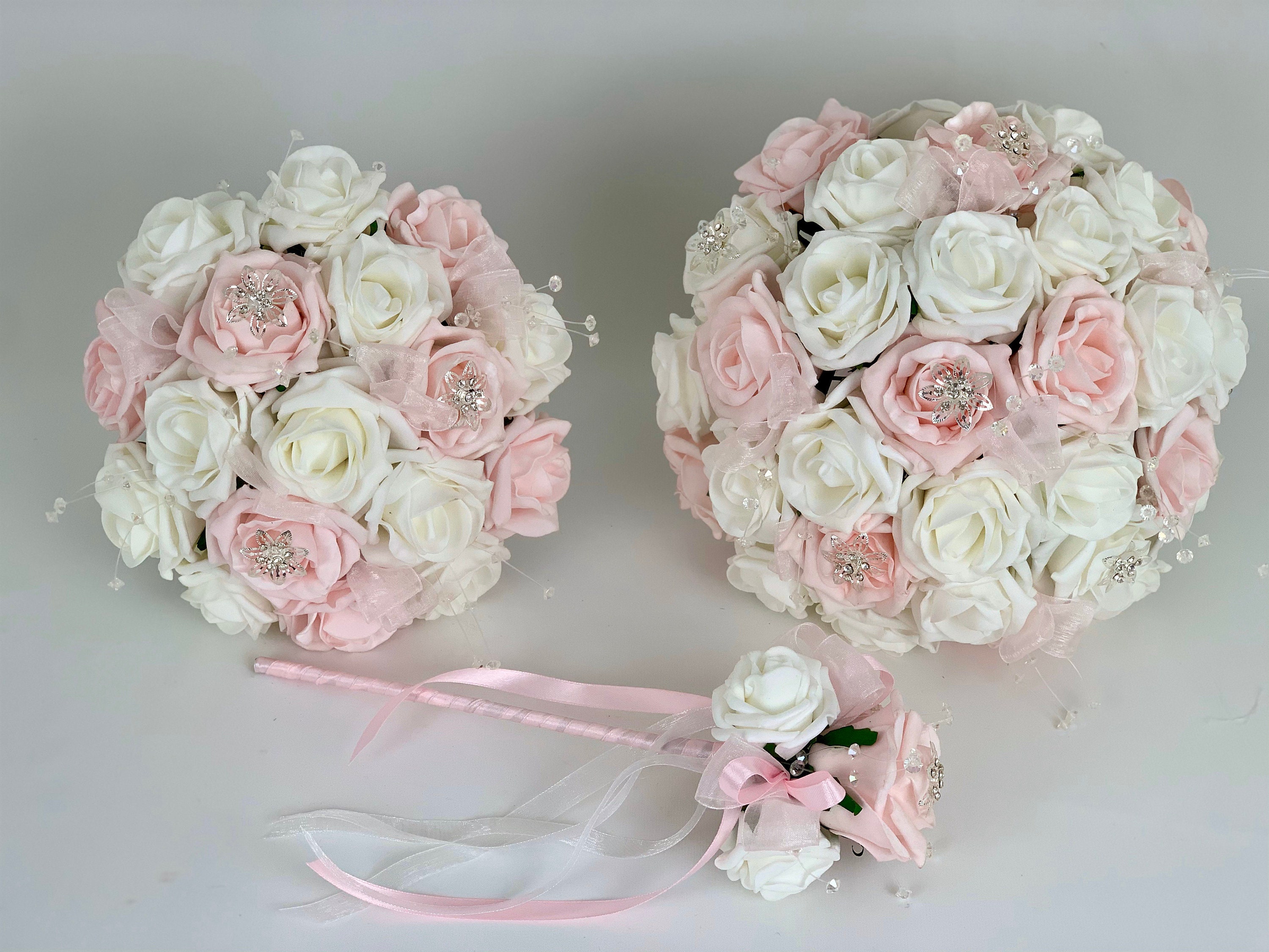 Rose Gypsophila White Blush Bouquet Ribbon Bow /