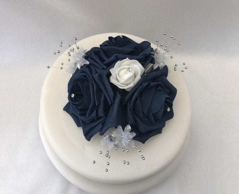 Artificial wedding bouquets flowers sets ivory navy cake topper