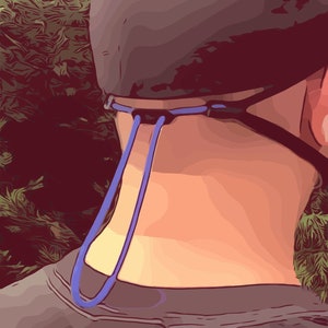 May include: A black baseball cap with a blue adjustable strap. The strap is tied at the back of the neck.