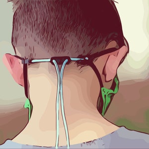 May include: A person wearing a green face mask with a light blue strap that goes around the back of the neck.