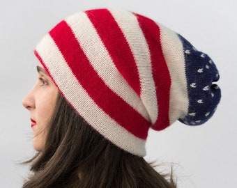 Red white blue slouchy beanie doublesided USA flag hat Loose knit Reversible hat American flag inspired beanie unisex Alpaca knit hat turnup