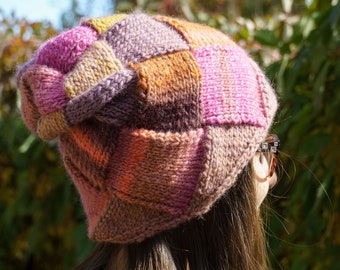 Brown purple pink hat woman Colorful handknit beanie Loose multicolor autumn hat Boho slouch hat Entrelac wool hat soft Rainbow beanie girls