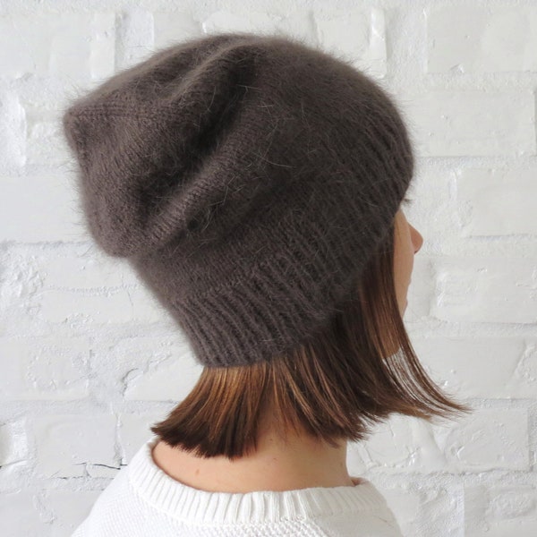 Dark gray Real angora loose hat Knitted fluffy beanie Cute teens cap Christmas gift for daughter Knit hat women Slouchy wool winter beanie