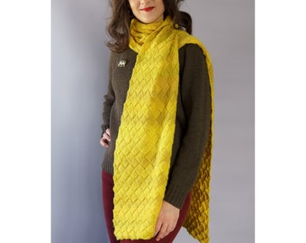 Yellow knit scarf entrelac Huge unisex scarf Handmade scarf Warm winter wrap Woman big wrap Merino wool scarf Lemon bright muffler vivid