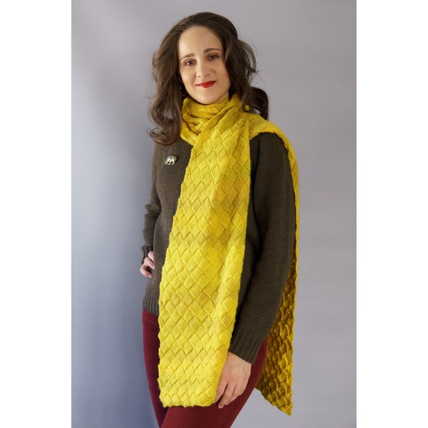 Yellow knit scarf entrelac Huge unisex scarf Handmade scarf Warm winter wrap Woman big wrap Merino wool scarf Lemon bright muffler vivid