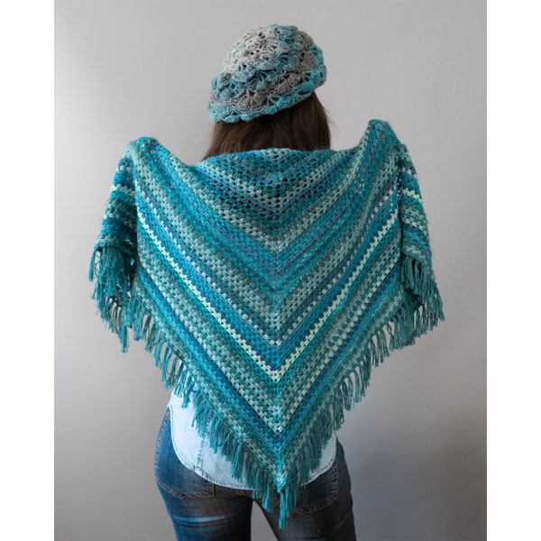 Set crocheted shawl beret Turquoise handmade cape All season handmade wrap Blue knit shawl fringed Cozy cape Boho wrap Striped lacy betet