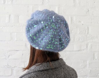 Sequin Angora Hand Knit Tam Shiny Blue Beret Hat Rabbit  display picture 1