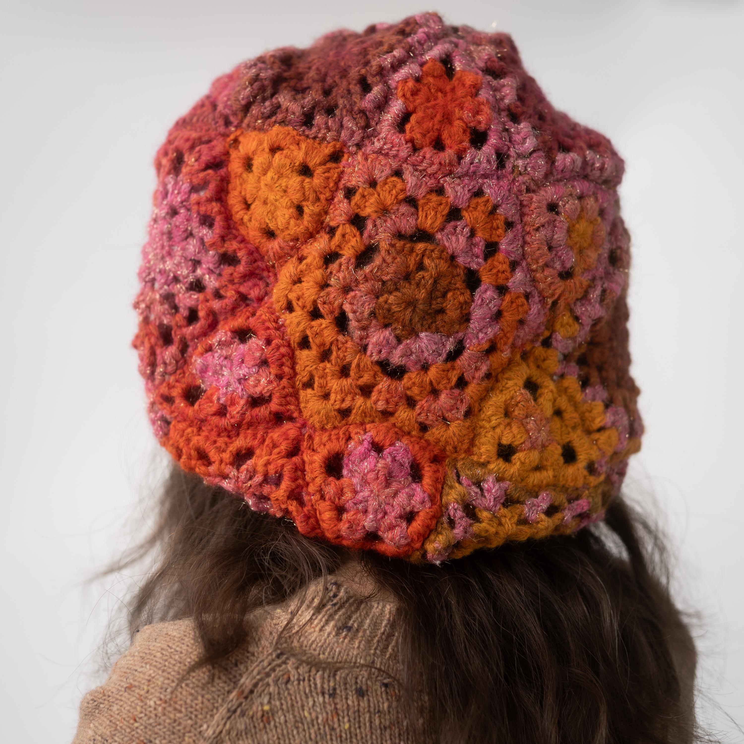 Pink orange wool beret Granny square hat Oversize knit hat women Slouchy openwork tam Wool handknit beret hat her French painter hat colored