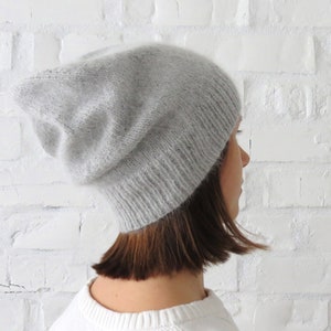 Knit fluffy angora beanie Mustard loose hat Yellow teens cap Christmas gift for daughter Knit hat women Slouchy wool fall winter beanie Light Gray