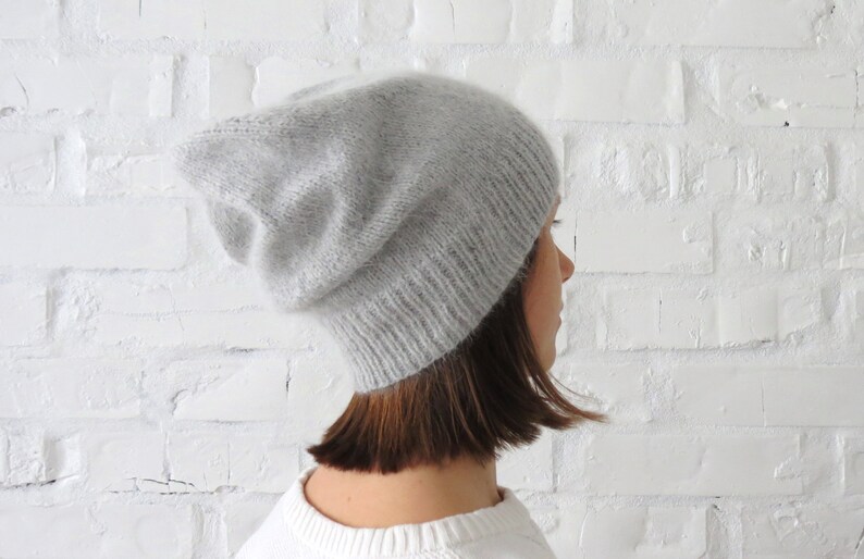 Knit fluffy angora beanie Mustard loose hat Yellow teens cap Christmas gift for daughter Knit hat women Slouchy wool fall winter beanie Light Gray
