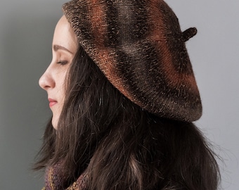 Béret en tricot marron pour femme printemps chapeau rayé béret fait main béret français en tricot automne classique chapeaux en tricot femme chapeau cadeau pour béret maman