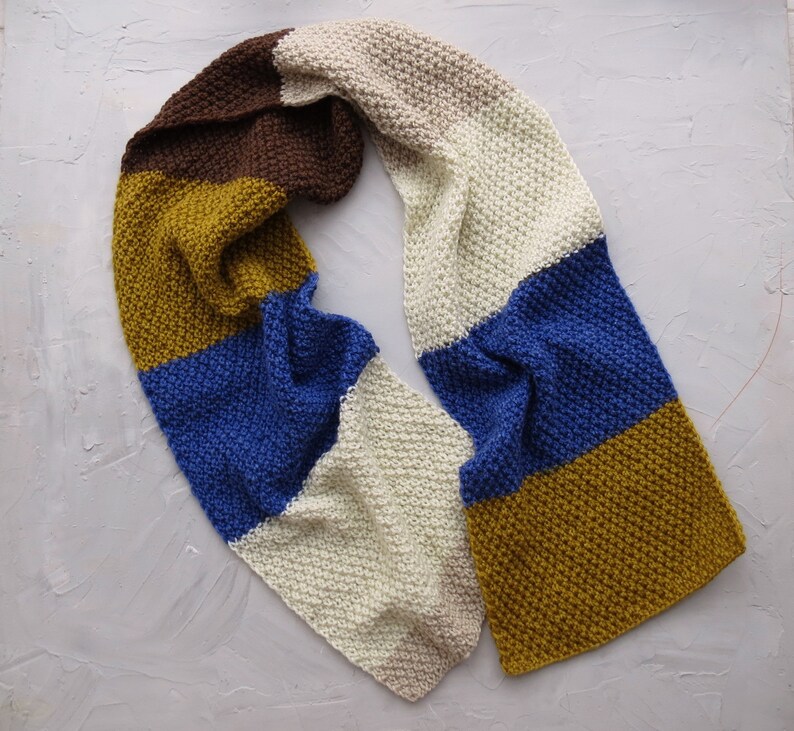 Vegan Knit scarf READY TO SHIP Christmas gift Unisex acrylic scarf Hand knitted wrap Men gift Blue Mustard knitted scarf Valentines day gift image 2