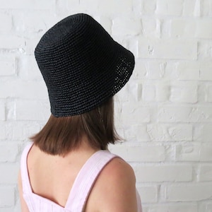 Raffia bucket hat in black Straw crochet sun cap Summer festival hat for women Raffia crochet bucket hat Boater hat women image 5