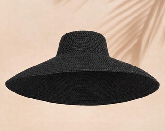 Widebrim Raffia Hat Black boho beach hat Brimmed hat Natural Raffia Hand crochet sun hat Custom colors Elegant women hat Straw summer hat