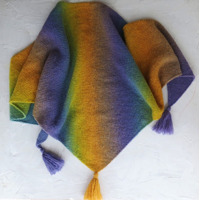 Hand knit triangle shawl Organic pure wool rainbow scarf women Knit wrap winter Valentine's Day gift for mom sister friend