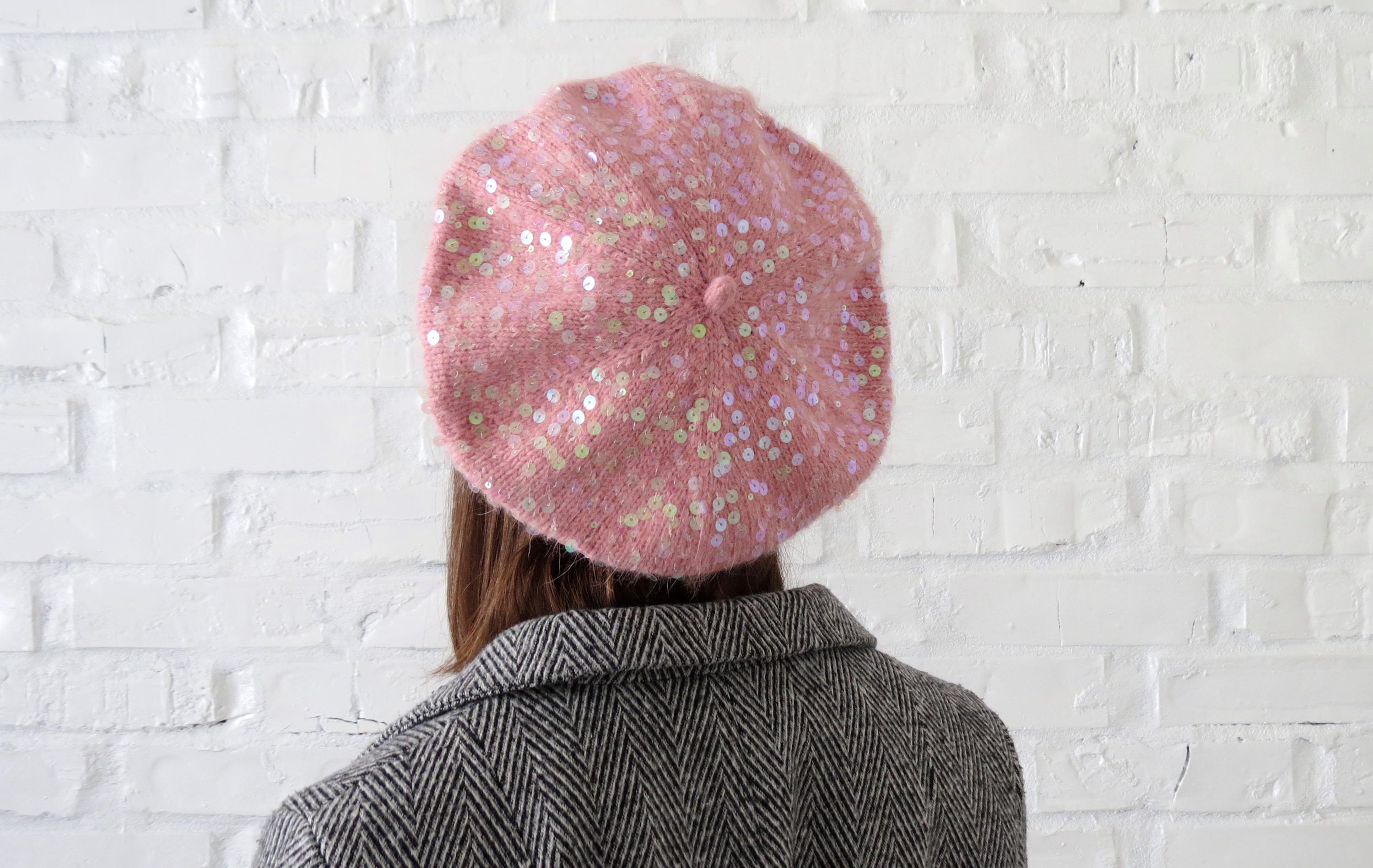 Sequin Angora Hand Knit Tam Shiny Blue Beret Hat Rabbit 