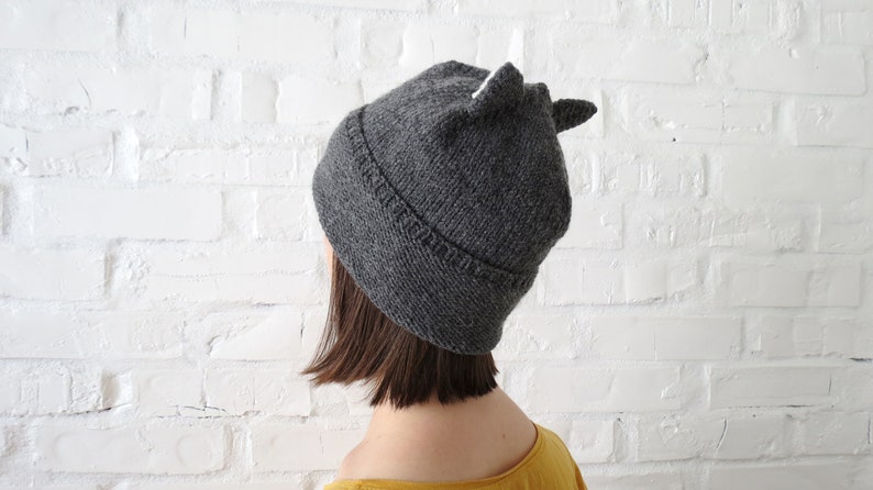 Beanie cat ears Grey hand knit hat women, men or teens. Hat can be wool or vegan. Custom color Cat lovers gift Valentine's day gift idea bff image 3