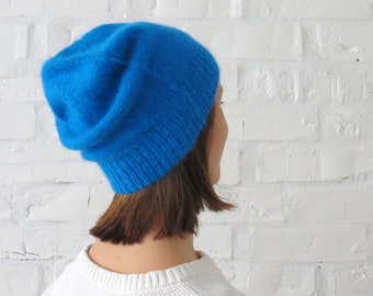 Blue angora knit hat Ready to ship Fall winter beanie Cute teens cap Christmas gift niece God daughter Knit wool winter beanie women