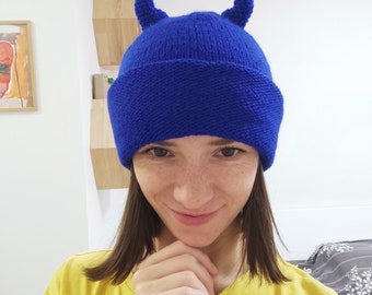 Buffalo bills hat with horns, Halloween Royal blue cap for women, Devil Horns Hat, Halloween outfit, Knit beanie, Valentine's Day gift idea