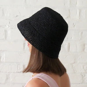 Raffia bucket hat in black Straw crochet sun cap Summer festival hat for women Raffia crochet bucket hat Boater hat women image 4