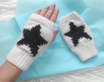 Knit fingerless gloves with a star, Custom touch screen gloves, gadget gloves Hand knit mitts unisex