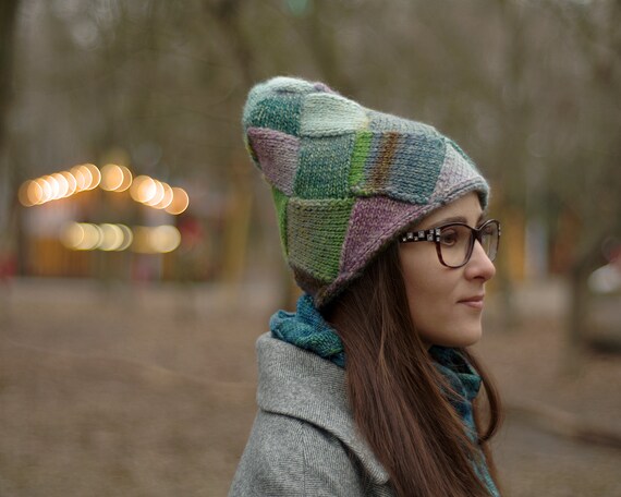 Beanie Light Blue Entrelac Knitted 