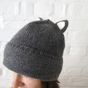 Beanie cat ears Grey hand knit hat women, men or teens. Hat can be wool or vegan. Custom color Cat lovers gift Valentine's day gift idea bff image 1