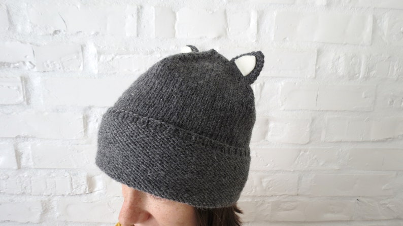 Beanie cat ears Grey hand knit hat women, men or teens. Hat can be wool or vegan. Custom color Cat lovers gift Valentine's day gift idea bff image 1