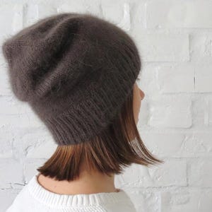 Dark gray Real angora loose hat Knitted fluffy beanie Cute teens cap Christmas gift for daughter Knit hat women Slouchy wool winter beanie