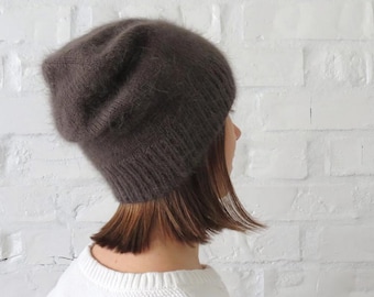 Dark gray Real angora loose hat Knitted fluffy beanie Cute teens cap Christmas gift for daughter Knit hat women Slouchy wool winter beanie