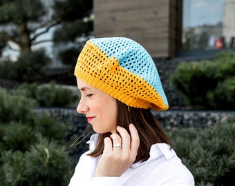 Blue and yellow hand crochet slouchy beret, Ukrainian colors tam hat for women Summer net hat Gift for friend mom sister aunt. Custom colors