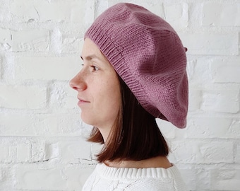 Mauve Hand knit beret pure merino wool French style women tam Slouchy beret Gift for mom sister freind