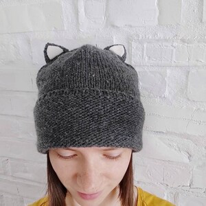 Beanie cat ears Grey hand knit hat women, men or teens. Hat can be wool or vegan. Custom color Cat lovers gift Valentine's day gift idea bff image 4