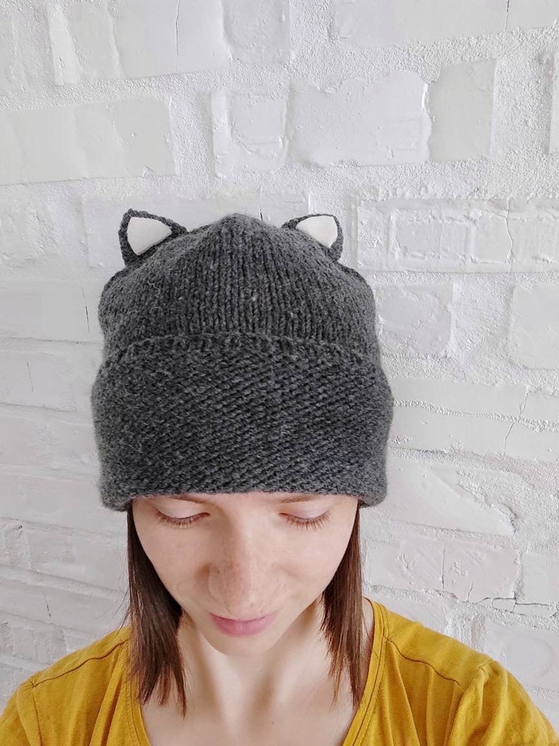 Beanie cat ears Grey hand knit hat women, men or teens. Hat can be wool or vegan. Custom color Cat lovers gift Valentine's day gift idea bff image 4