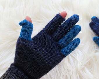 Merino wool Two finger gloves in blue black Touch screen gadget gloves Valentines day gift for Friend Sister Aunt God mother