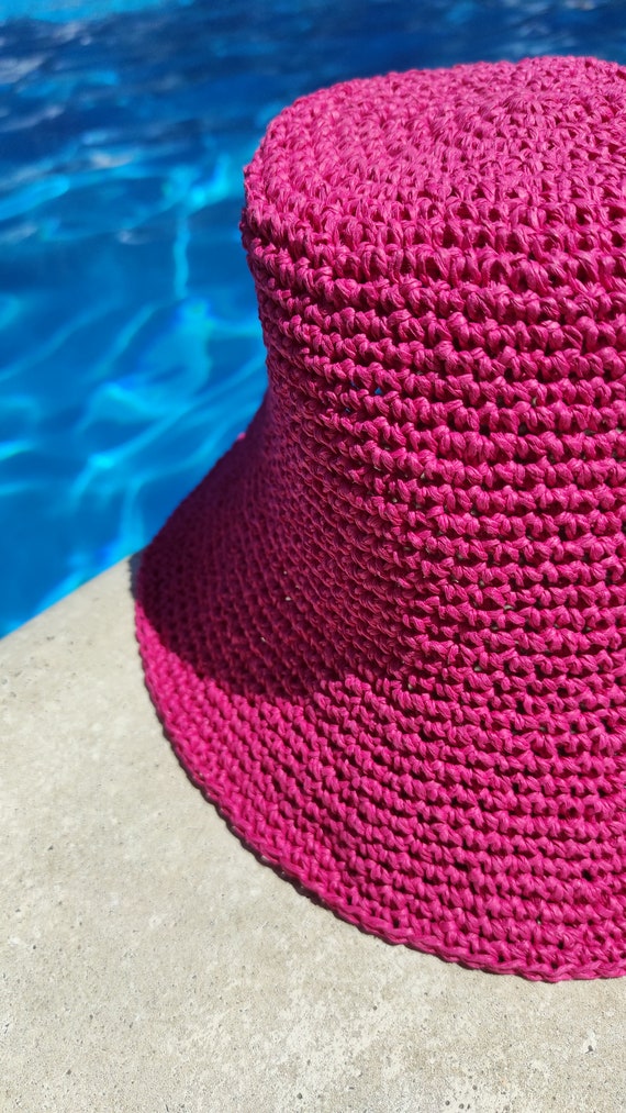 Bucket Hat Raffia in Hot Pink Crochet Straw Hat Summer Beach Sun Hat for Women