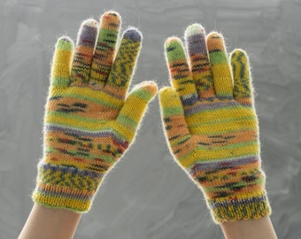 Yellow green orange striped gloves Wool mittens women Handmade gift friend sister aunt godmother Long finger gloves Brigh arm warmers ladie