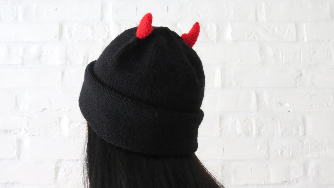 Devil Horns Hat Black knit beanie with horns Halloween Blood Etsy