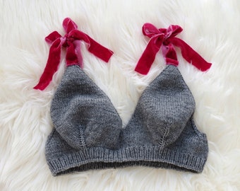 100% pure Merino knitted bra with silk ribbons Hand knit bralette, Wool crop top, Women knitted lingerie, Warm winter underwear