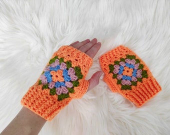 Neon orange fingerless gloves granny square Cute teens arm warmers Hand crocheted mitts women Christmas Valentine's Day gift for girlfriend