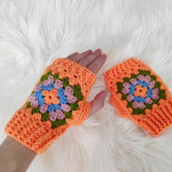 Gants sans doigts orange fluo Grand-mère carré Adolescents mignons chauffe-bras Mitaines crochetées à la main femmes Cadeau de Noël Saint-Valentin pour petite amie