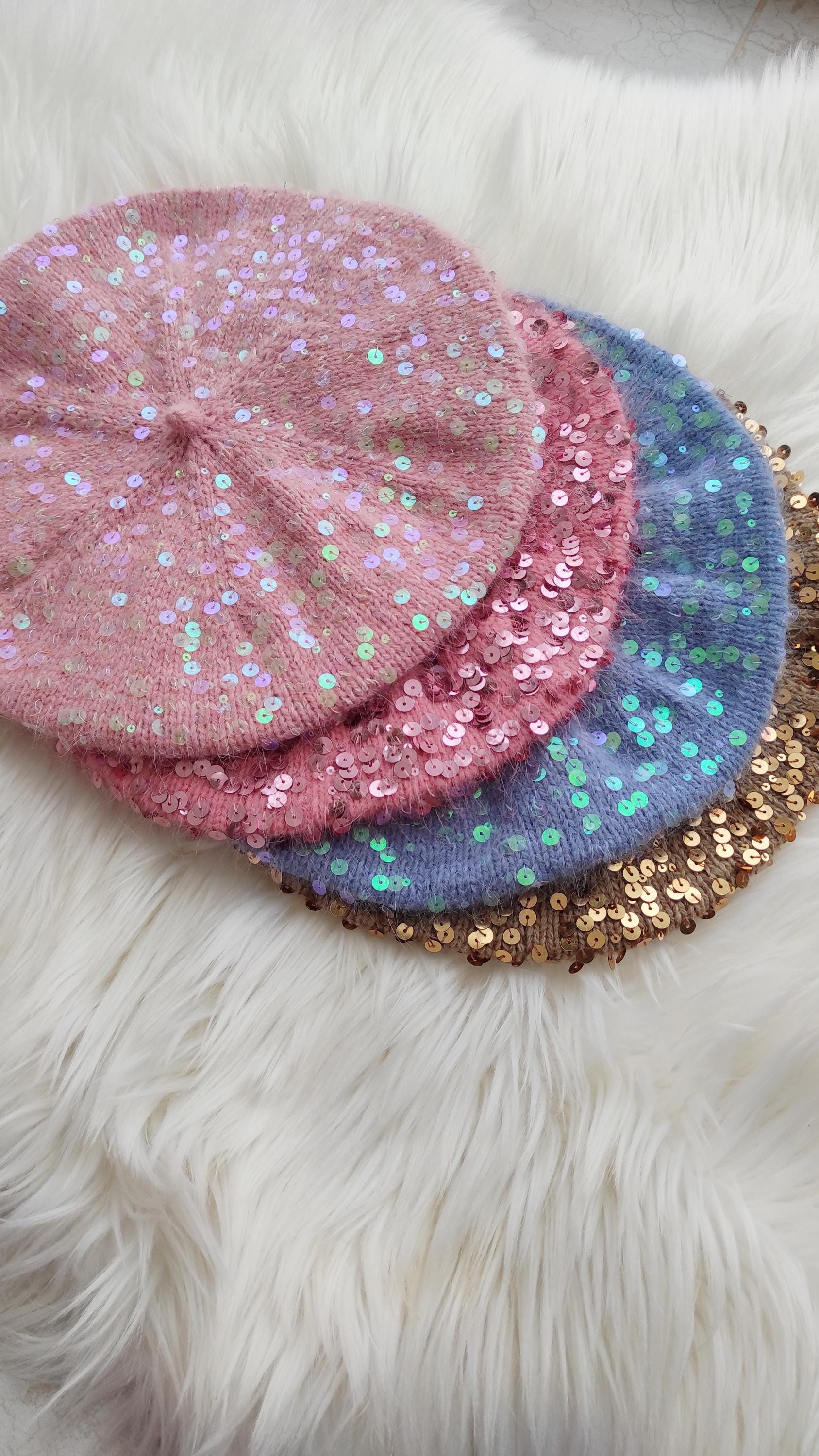 Sequin Angora Hand Knit Tam Shiny Blue Beret Hat Rabbit  display picture 1