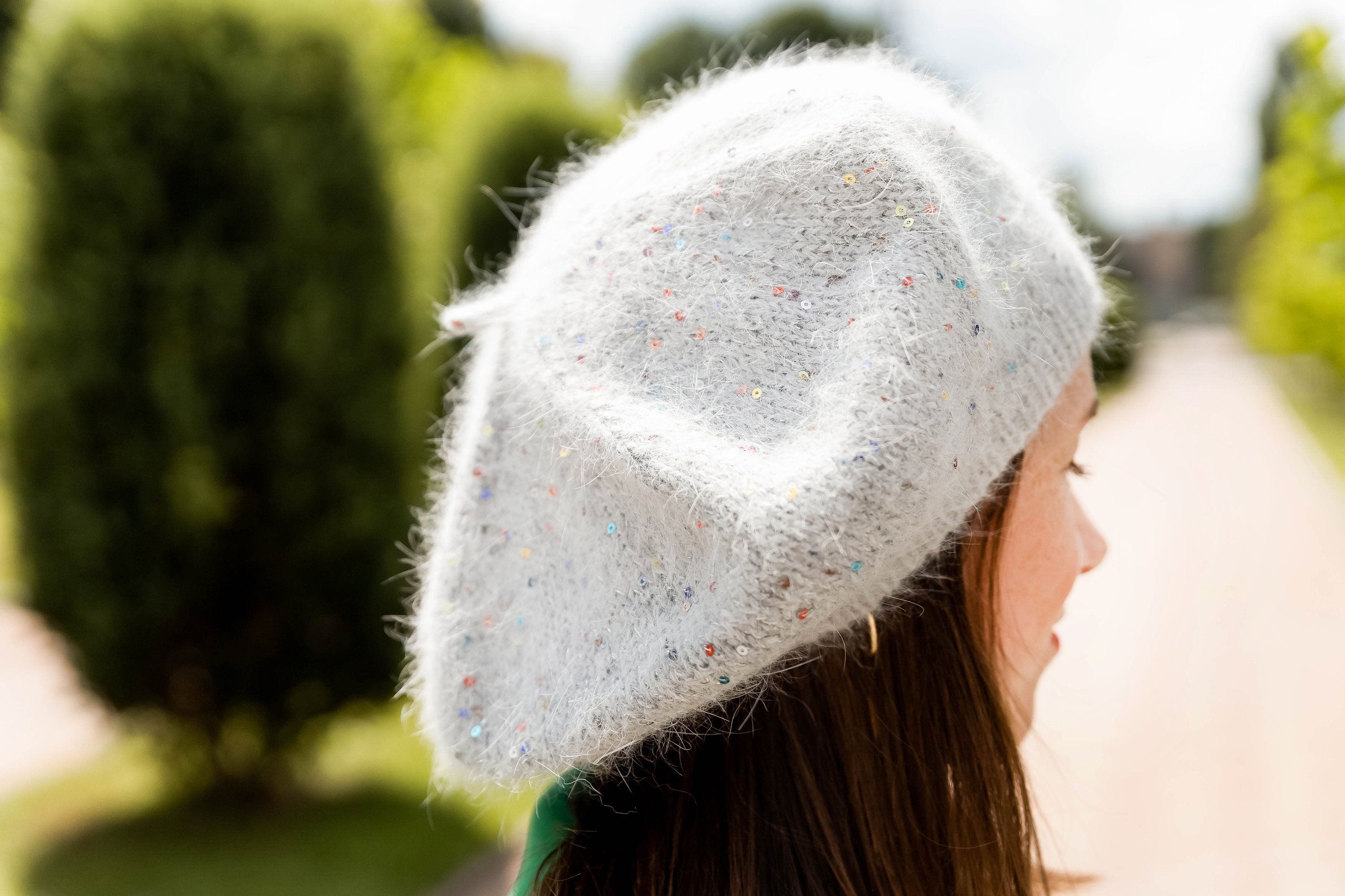 Angora Beret with Sequins Sequin Angora Hand Knit Tam Shiny Blue Beret Hat Rabbit  main image 2